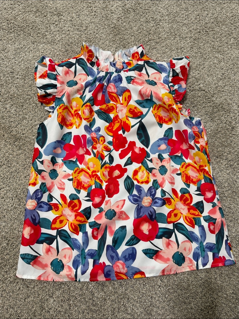 Girls Floral Ruffle Sleeve Tank Top - White with Multicolor Flowers